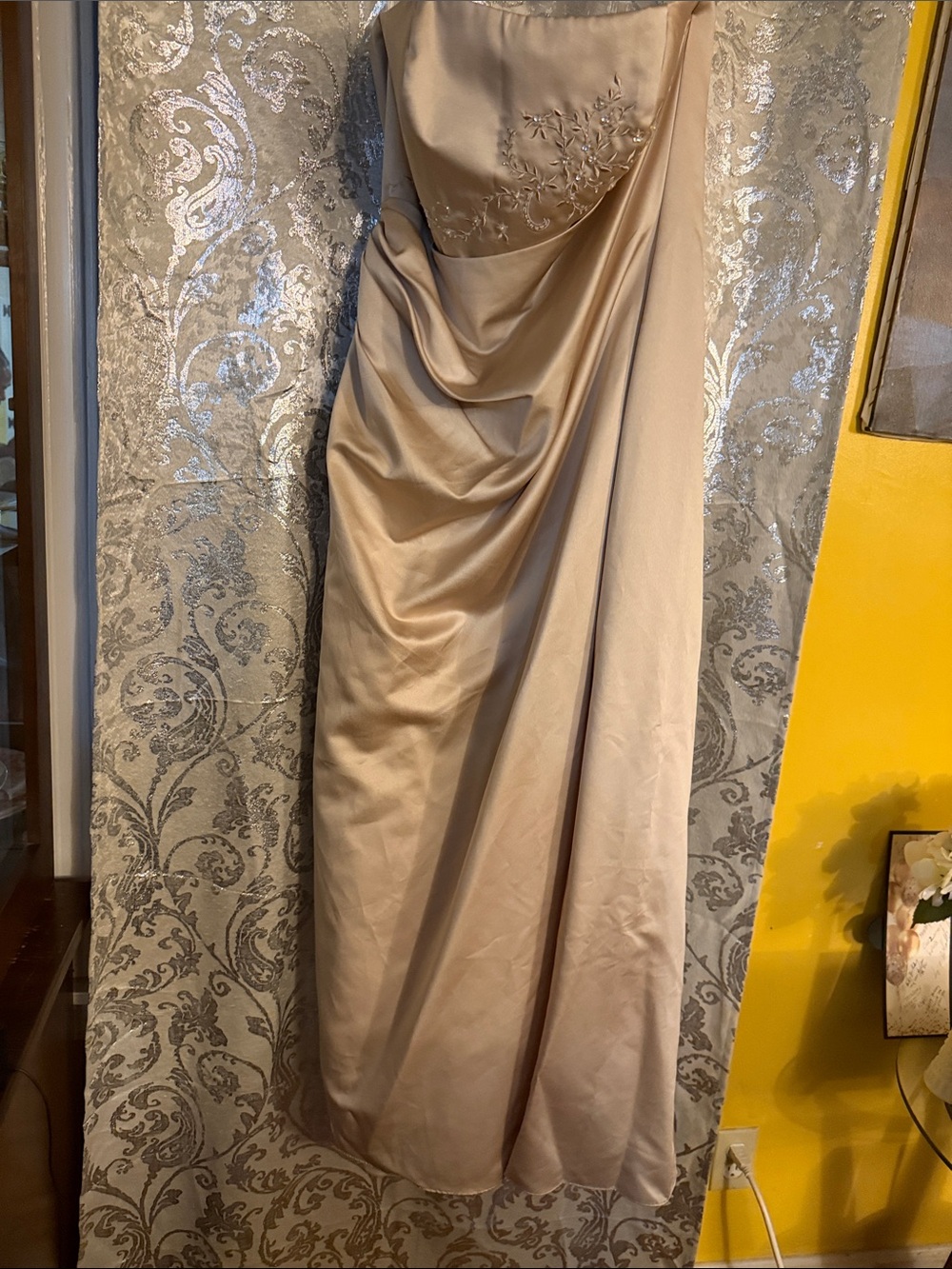 David's Bridal Champagne Satin Draped Maxi Dress